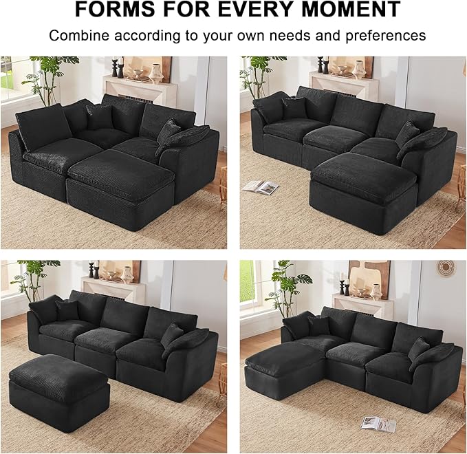 112 Cloud Sectional Couch Boneless Couches for Living Room L Shaped Couch with Convertible Ottoman Modular Sectional Sofa with Deep Seat Comfy Soft Cushions No Assembly Black