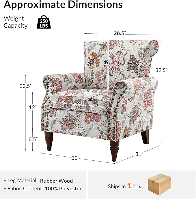 Wingback Accent Chair with Wood Legs Modern Comfy Upholstered Armchair with Removable Cushion and Nailhead Trim Floral Pattern Single Sofa Reading Chair for Living Room Bedroom