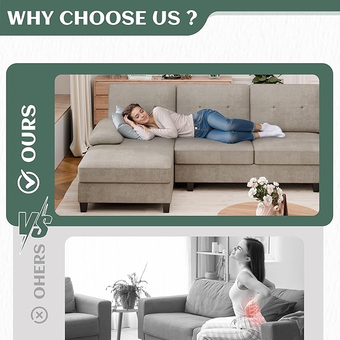 Vongrasig Sectional Couch for Living Room U-Shaped Sofa with Chaise 4-seat Large Sectional Modern Couches for Living Room Apartment (Khaki)