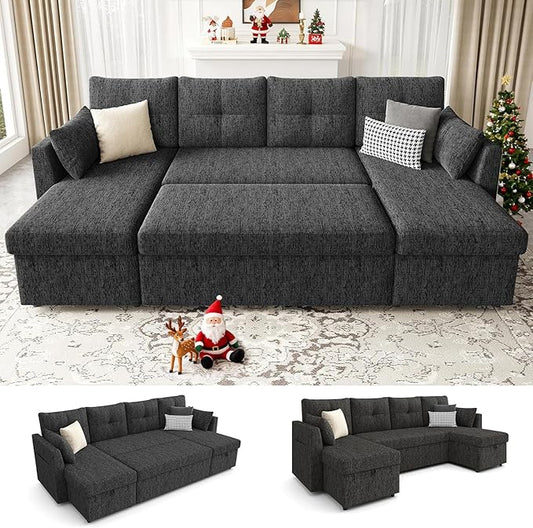 Oversized Sleeper Sofa Couch 110 inch 2 in 1 Pullout Couch Bed with Side Pockets for Living Room Sectional Sleeper Sofa Bed with Double Storage Chaise Black