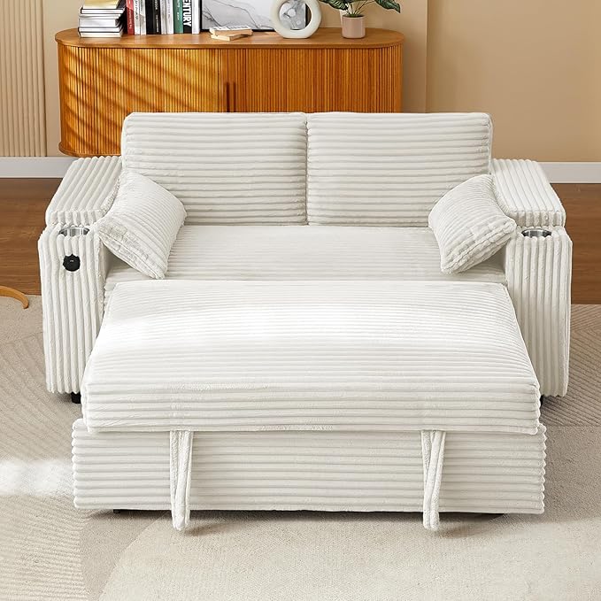 68.11 Corduroy Sleeper Chair Bed with USB Port Cup Holders &amp Side Storage Pockets – 3-in-1 Foldable Sofa Bed for Guest Room Living Room – White