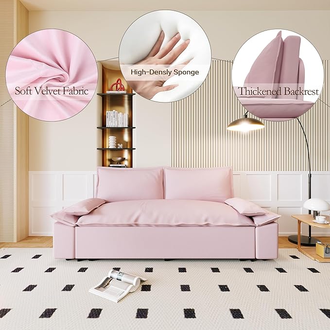 GNIXUU 73.2 Queen Pull Out Sofa Bed Velvet Convertible Sleeper Sofa Couch with 2 Soft Pillows Comfy Loveseat Bed Pull Out Couch for Living Room Apartment Small Space(Pink)