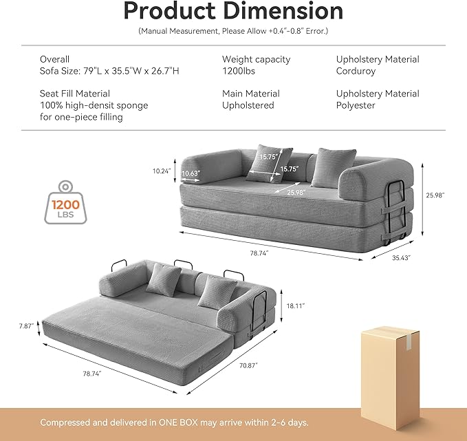 Convertible Sleeper Sofa Bed Sleeper Sofa with Pillow | Corduroy Fabric | High-Density Sponge | Fixed-Shape Frame Modular Sofa Bed for Living Room Lounge Studio (Light Grey)