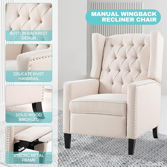 Fabric Recliner Chair Accent Living Room Chairs White Modern Mid-Century Recliner Button Tufted Club Chair Upholstered Reclining Reading Arm Chair 27 Wide