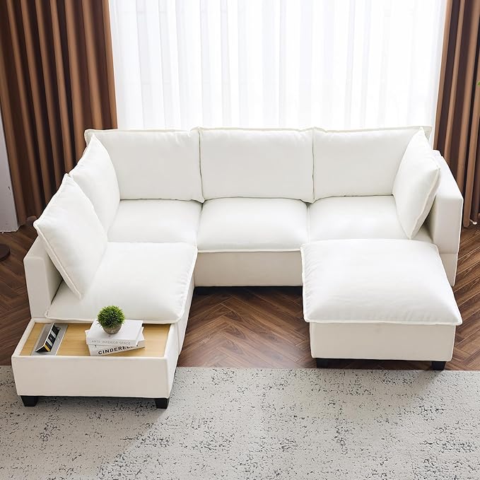 Harper &amp Bright Designs 90 U-Shaped Sectional Sofa Modular Sofa Couch with a Movable Ottoman a Coffee Table with Hidden Charging Devices for Living Room White