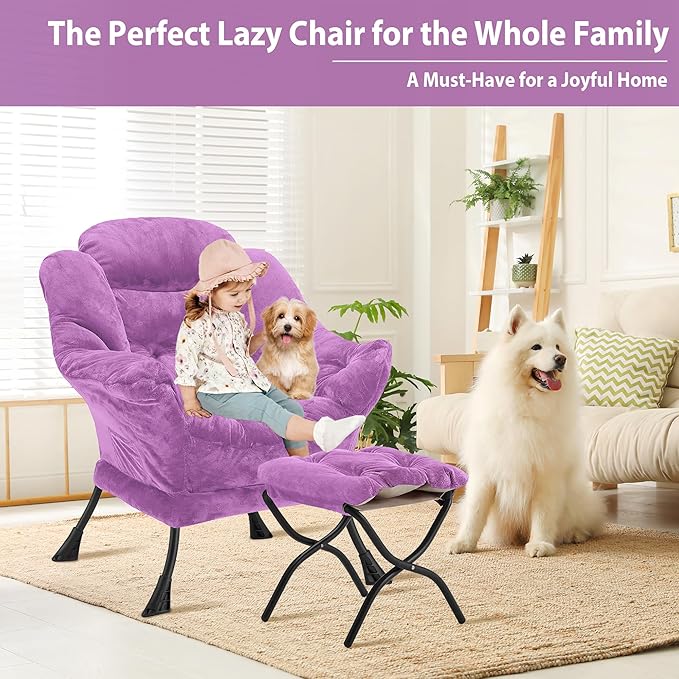 Lazy Chair with Folding Ottoman Accent Chair Plush Upholstered with Metal Structure and Non-Slip Pads Sofa Armchair with Footrest and Side Storage Bag for Dorm Room Office Purple