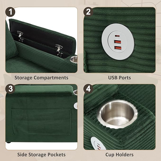 109.5 Sectional Sofa Convertible Pull-Out Sofa Bed with 2 Storage Chaise Lounges and Cup Holders Chenille Fabric U-Shaped Couch with Storage Boxes &amp USB Ports for Living Room (Green-9.19)