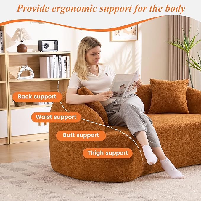 65.75 Curved Loveseat SofaBoneless Loveseat Couch11.02 Raised BackrestDeep SeatWood Grain Chenille Fabric Curved Sofa Couch for Small Spaces (Orange65.75)