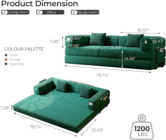 5-in-1 Folding Convertible Sofa Bed Loveseat Sleeper with Pull-Out Bed Floor Sofa Modular Futon Couch 79 Oversized Corduroy Upholstered Boneless Couch for Living Room Bedroom Lounge Green—A