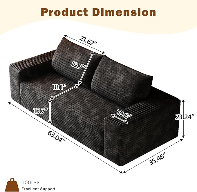 63 Small Cloud Loveseat Sofa in a Box Comfy Corduroy 2-Seater Boneless Couch Modern Deep Seat Sofa for Small Spaces Living Room &amp Apartment No Assembly Required (Black 63 inch) | Memory Foam