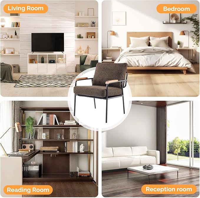 VINGLI Mid-Century Modern Accent Armchiar for Small Space Small Comfy Upholstered Leisure Reading Chair with Wood Armrest for Bedroom Living Room Waiting Room Linen Expresso