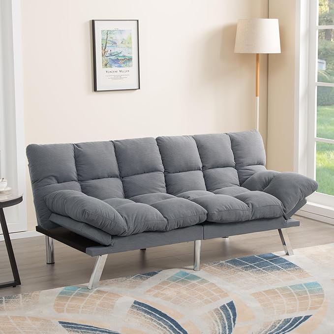 67” Convertible Futon Couch Bed Adjustable Pillow Top Arm Memory Foam Cloud Futons Loveseat Modern Light Gray Corduroy Mini Small Sofa Couches for Living Room