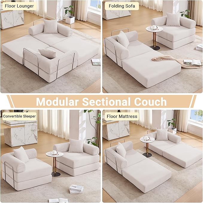73 Convertible Sleeper Sofa Bed Corduroy Boneless Couch in a Box 4-in-1 Folding Mattress Loveseat Couch Comfy Modular Foldable Floor Sleeper Sofa with 2 Pillows and Fixed-Shape Frame (Beige 73)