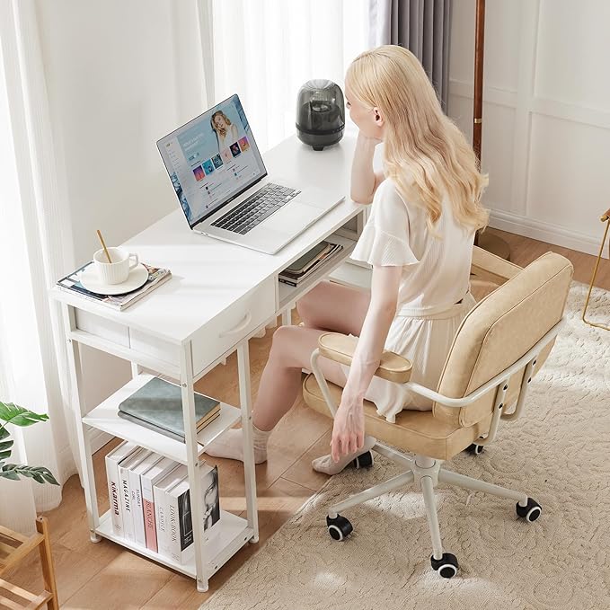 Sweetcrispy Computer Gaming Desk with Fabric Drawers - 48 Inch Home Office Bedroom Writing StudyTable with Storage Shelves Adjustable Feet PC Desk White