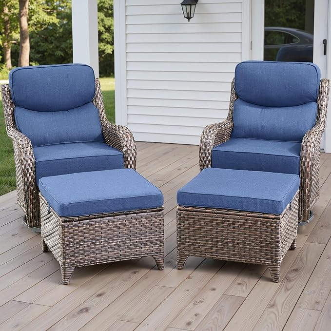 Rilyson Outdoor Patio Furniture Set - Weather Resistant WickerHigh Back6 inch Cushions4 Piece Patio Furniture Set with Swivel Rocker Chairs and Ottomans for Deck Porch YardBrown/Blue