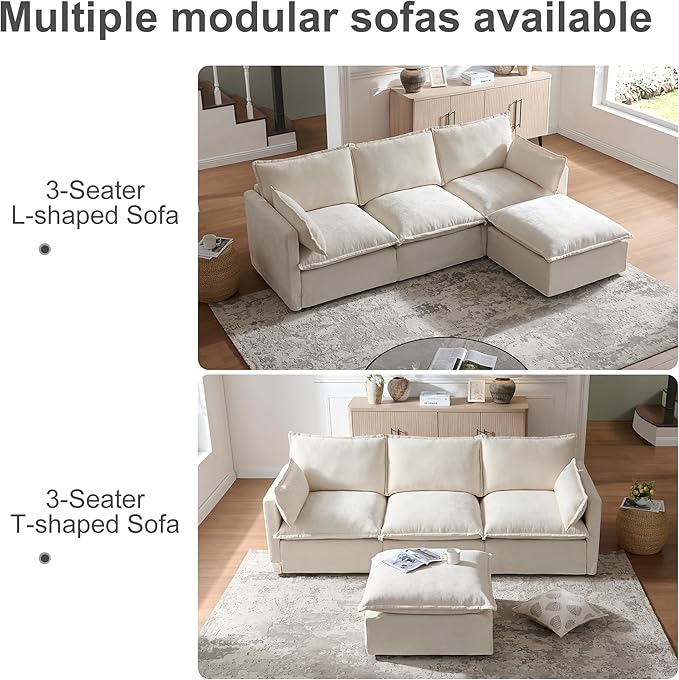 93'' Cloud Modular Sectional Couch with Convertible Removable Ottoman Oversized L Shape Sofa Deep Seat Sofa with Throw Pillows for Living Room Bedroom Apartment (Beige)