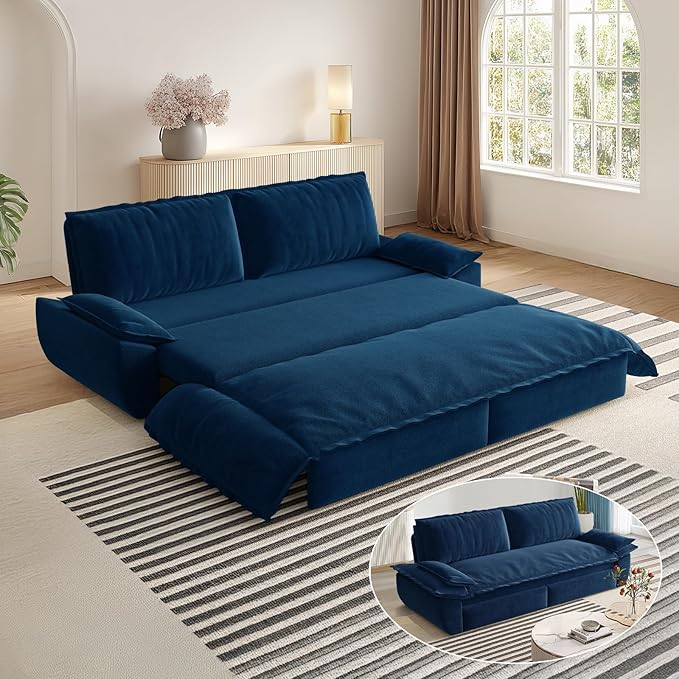 73.2 Queen Size Sofa Bed 3 in 1 Convertible Pull Out Sleeper Sofa with Thicked Cushions and Side Storage Velvet Loveseat Couch for Home Living Room Bedroom Apartment Lounge Small Spaces Blue