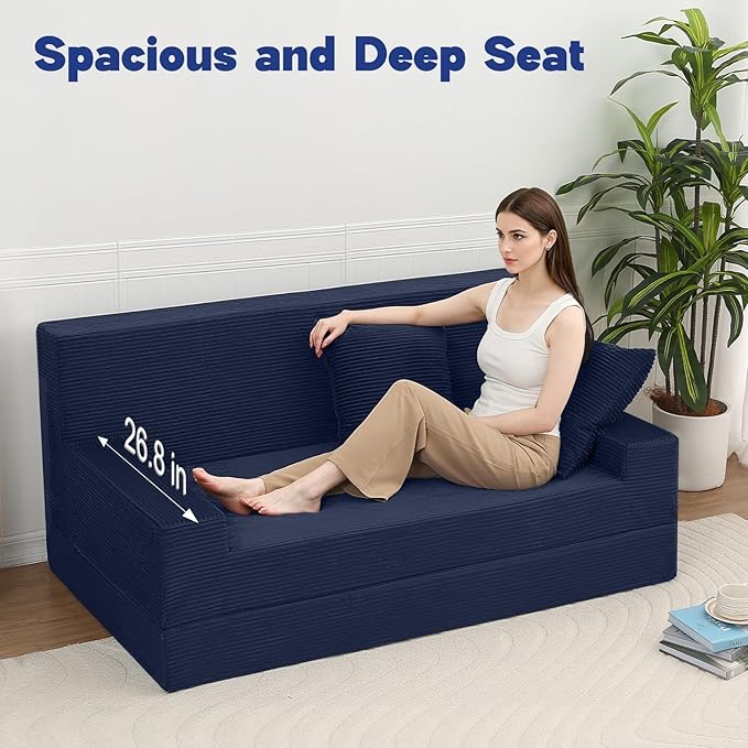 MeMoreCool Corduroy Boneless Sofa Bed Queen – Folding Futon Couch with High-Density Foam Convertible Floor Sleeper &amp Pillow Machine-Washable Cover for Guest Room Bedroom Small Apartment