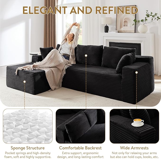 Cloud Sectional Couch with L-Shape Chaise 105 Modern Minimalist Modular Sectional Sofa Fluffy Corduroy Upholstered Couches for Living Room No Assembly Required (Black Left Facing Chaise)