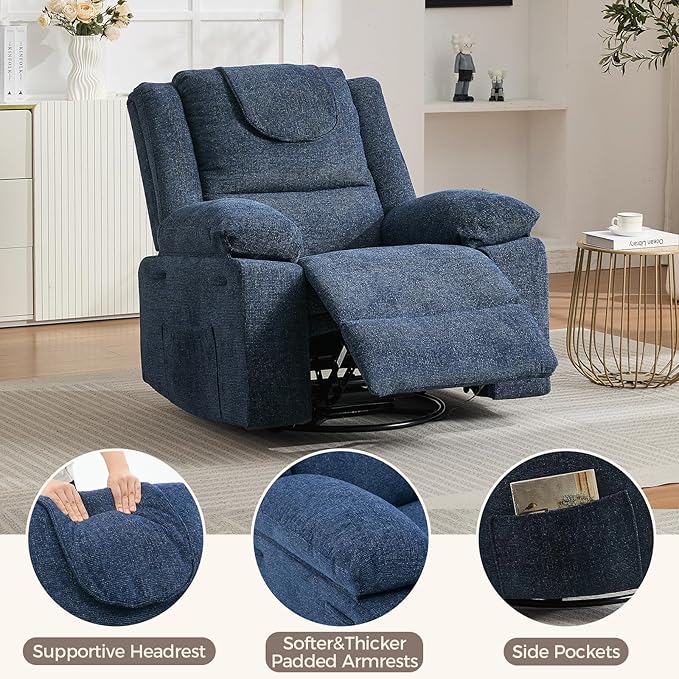 Oversized Rocker Recliner Chair for Adults 360° Swivel Glider Nursery Recliner with Vibration Massage &amp Heat Single Sofa for Living Room &amp Bedroom (Blue)