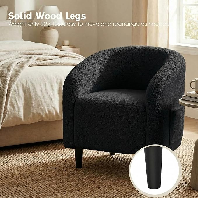Modern Accent Barrel Chair Comfy Teddy Fabric Club Armchair with Side Pocket Easy Assembly Living Room Corner Chair for Bedroom Office Reception Space