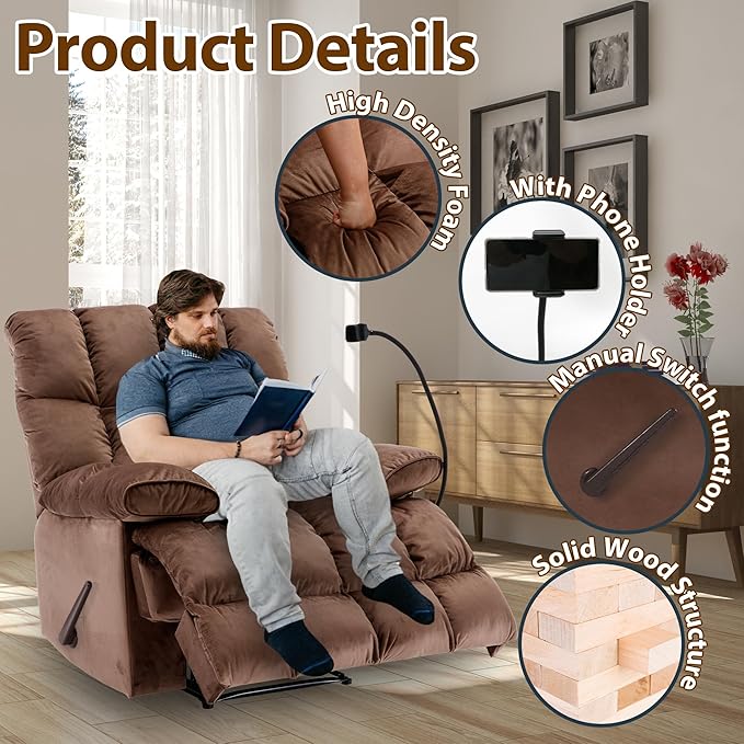 Manual Adjustable Oversized Recliner Chair with Phone Holder Extra Large Recliner for Heavy Duty Adults 400lbs Big Man Recliners for Living Room Nursery RV
