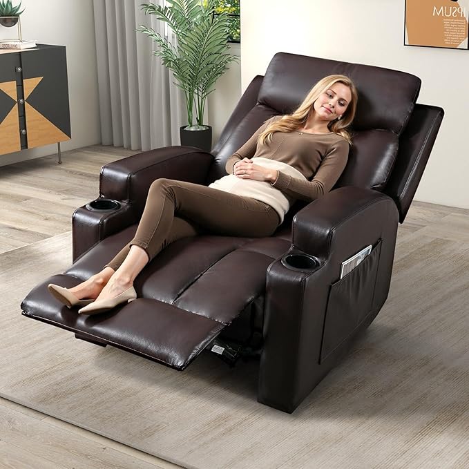 3PCS Faux Leather Manual Recliner Chair for Adults Comfy Reclining Chairs with Overstuffed Arm and Back Single Sofa for Living Room (3 Brown)