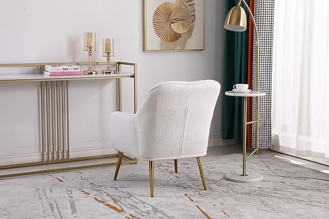 Modern Soft White Teddy Fabric Ivory Ergonomics Accent Chair Living Room Chair Bedroom Chair Home Chair with Gold Legs and Adjustable Legs for Indoor Home