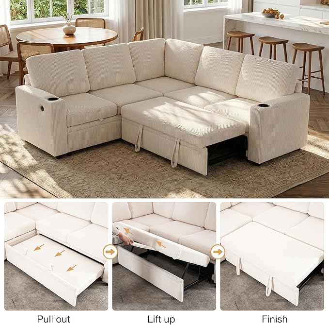 83 Sleeper Couch with Pull Out Sofa Bed 5-Seater Sectional Couches for Living Room L-Shaped Couch with Storage USB Port &amp Cup Holder Corduroy Convertible Corner Sofa for Apartment
