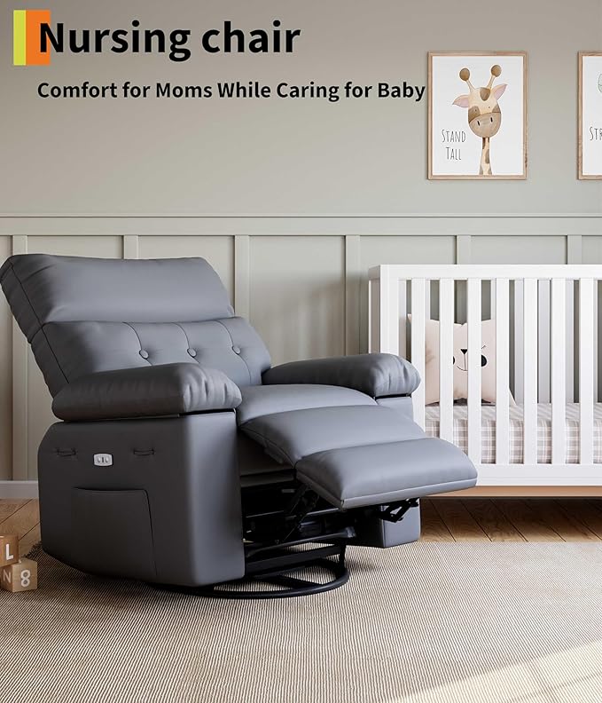 GarveeHome Oversized Power Rocker Swivel Recliner Chair - Heat and Massage PU Leather Electric Glider Rocking Chair with USB Charge Glider Recliner Nursery Chair for Living Room Nursery Bedroom