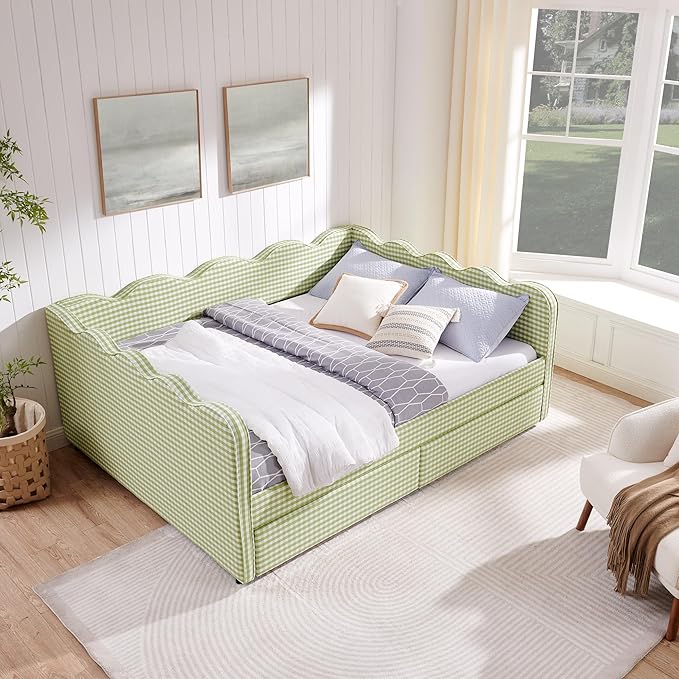 Cozy Gingham Daybed with 2 Drawers Queen Size Sofa Bed No Box Spring Needed with USB Port and Adorable Wave Shaped Linen Fabric Navy (Green+Queen+2 Drawers)