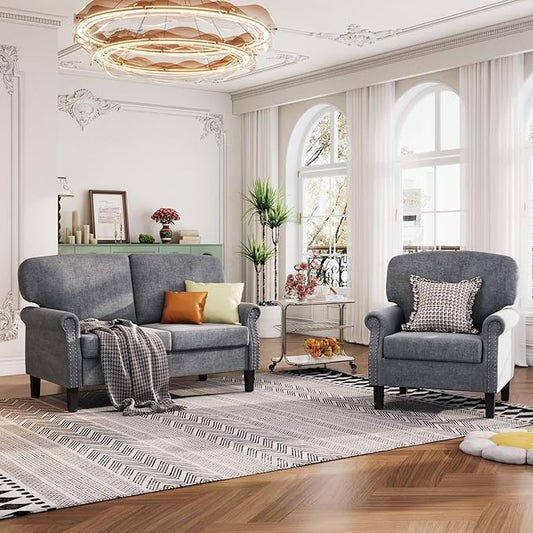 Sophia &amp William Living Room Furniture Sets with Armchair and Loveseat Sofa Linen Fabric Upholstered Sofa Set Grey