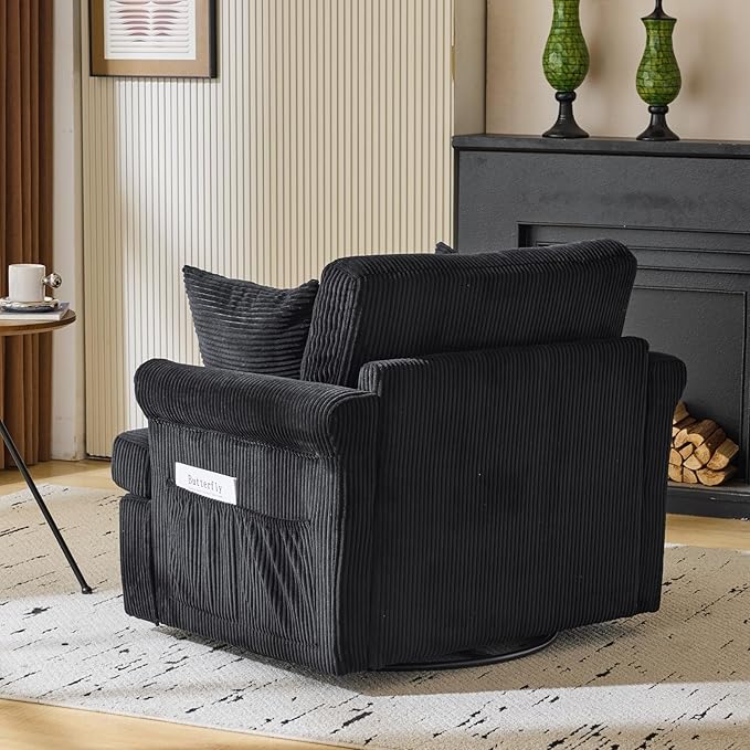 39 Oversized Armchair360°Swivel Accent ChairComfy Upholstered Corduroy Chairs W/2 Pillows and 2 Side PocketsModern Side Reading Seat for Living RoomBedroom and Office (Black)