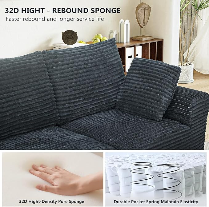104.3“ Modular Sectional Cloud Couch Boneless Couches for Living Room 3 Seater Modern Lounge Couch No Assembly Required Black