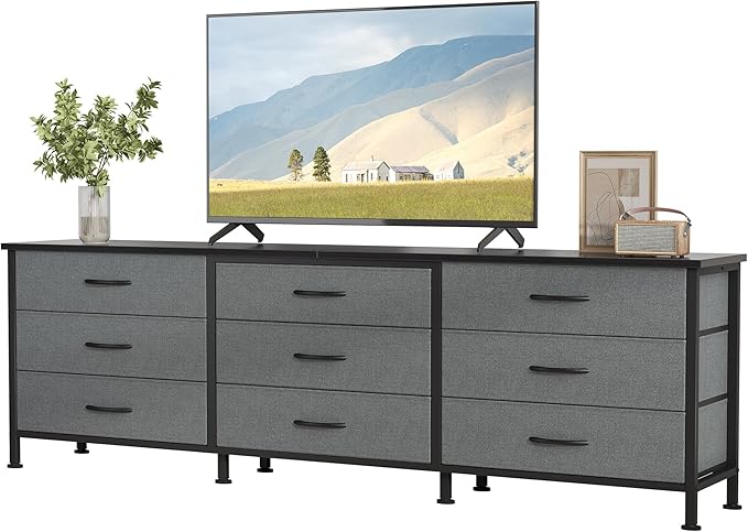 DUMOS TV Stands for Living Room Furniture with 9 Fabric Drawers Long Entertainment Center Up to 75 Inch TV Media Console Table with Storage for Bedroom Adjustable Feet Grey.