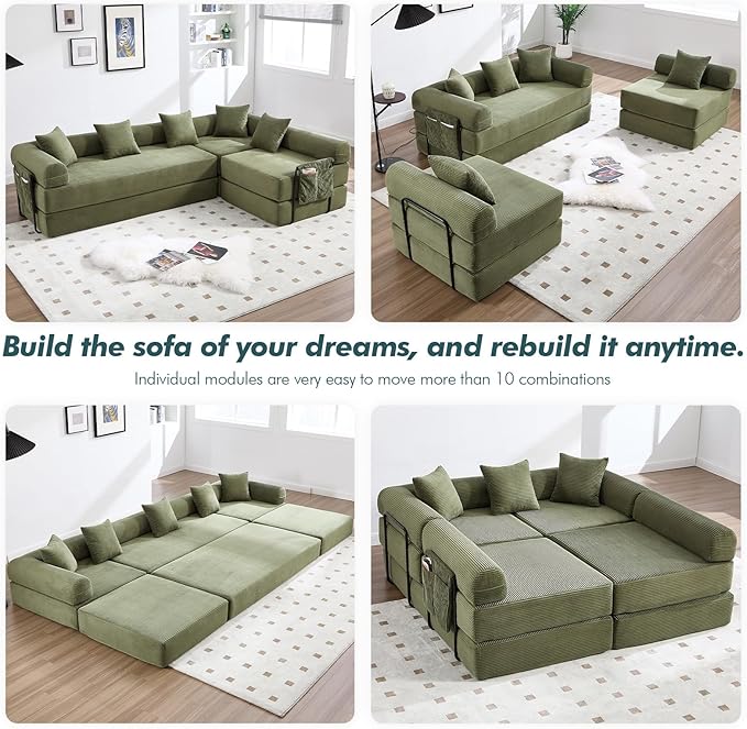 10-in-1 Folding Convertible Sofa Bed 141 Inch Boneless Couch with Fixed-Shape Frame Corduroy Modular Sectional Sofa Mattress Sleeper Sofa Floor Sofa Futon Couch for Living Room (Green)