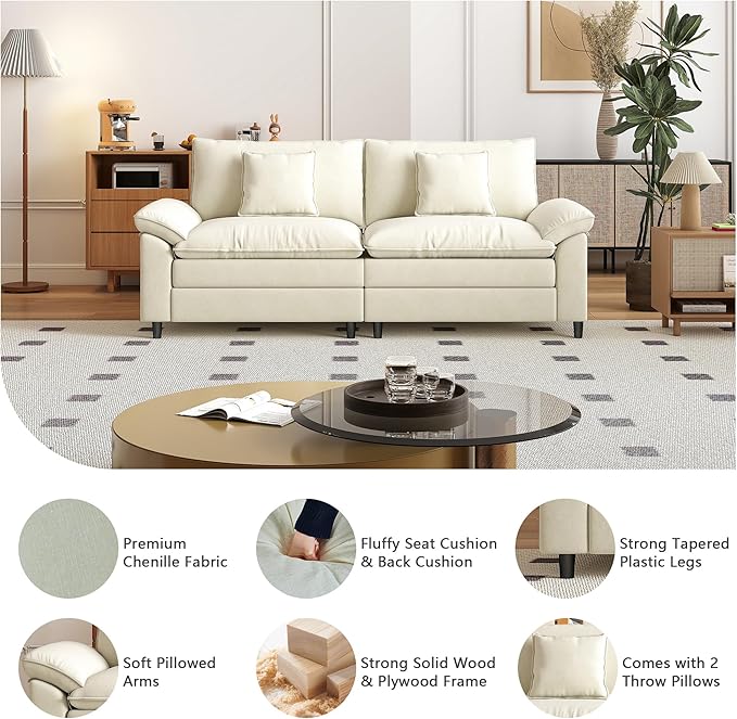 Aoowow Modular Sectional Sofa Modern Convertible Loveseat Couch85 Inch Deep 2-Seater Sofas Comfy Chenille Cloud Sofas and Couches for Living Room Apartment(Beige)