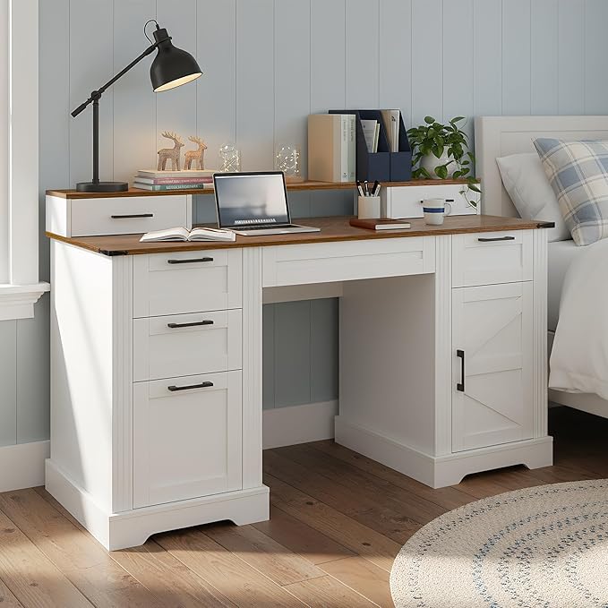 RiteSune 59.5 Farmhouse Computer Desk with USB Charging Station Fixed Monitor Stand with Drawers Keyboard Tray &amp File Cabinet Home Office Writing Desk with Large Storage