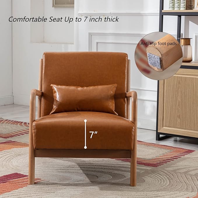 INZOY Mid-Century Modern Accent Chair Set of 2 PU Leather Reading Armchair with Waist Cushion Upholstered Living Room Chairs for Bedroom Sunroom Camel Set