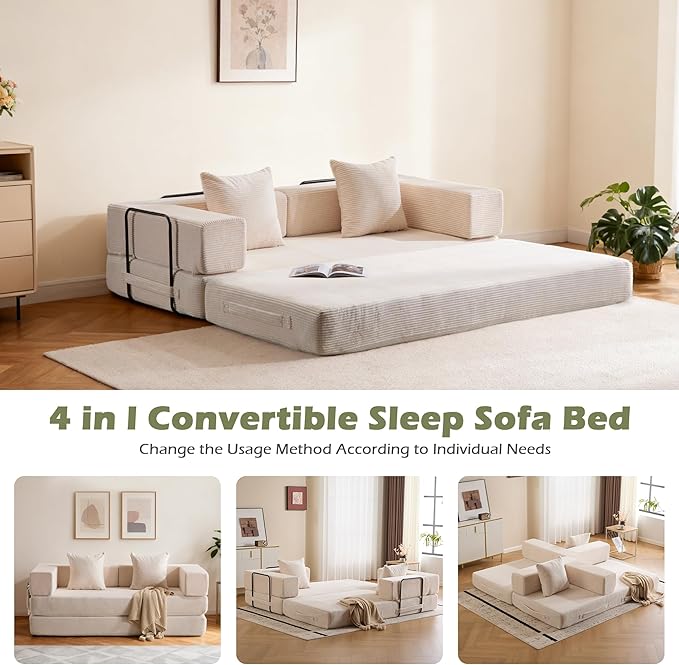 4 in 1 Convertible Sleeper Sofa Bed78’’ Compression Folding Sofa Bed with Pillows &amp Side Pockets Fold Out Floor Couch Boneless Couch for Living RoomBedroomWhite