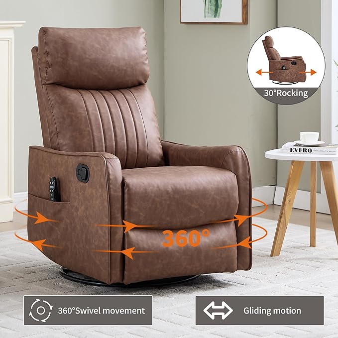 KEIKI Swivel Rocker Recliner Chair with Massage and Heated Pad for Living Room Synthetic Leather Glider with 360 Degree Rotation and Manual Recline