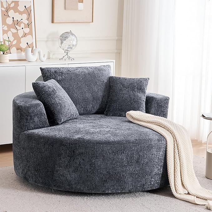 54.5 Grey Oversized Swivel Barrel Chair - Chenille Comfy Modern Sofa Chair Fluffy Upholstered Round Accent Chair Cloud Lounge Armchair with 3 Pillows for Living Room Apartment