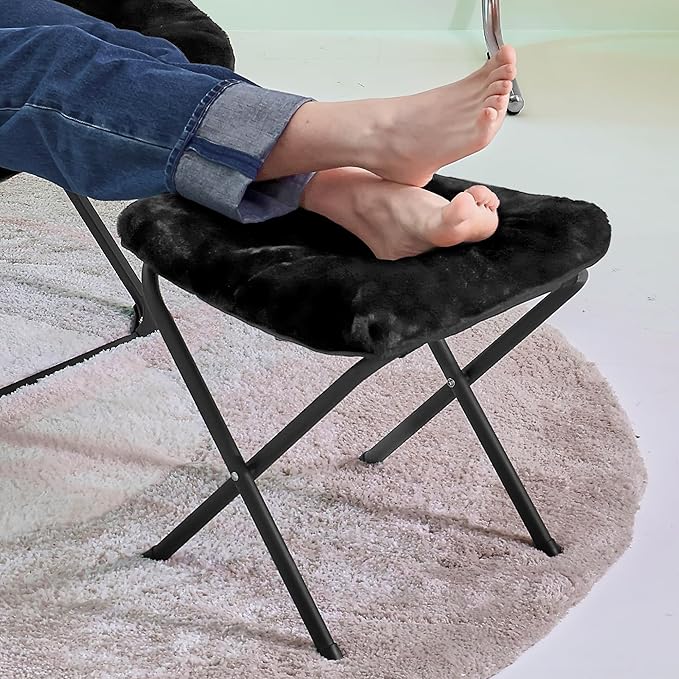 Walsham Folding Comfy Chair with Ottoman Faux Fur Soft Cozy Lounge Reading Papasan Chair with Footrest for Adults Kids Bedroom Living Room Dorms Small Space Black