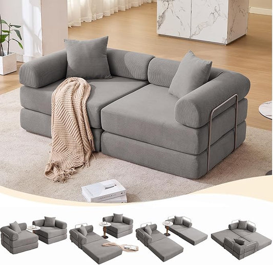 Convertible Modular Couch Sofa Bed 4 in 1 Sleeper Floor Sofa with Folding Mattress Corduroy Fold Out Boneless Couch Bed with 2 Pillows Comfy Foldable Lounge for Living Room Bedroom Grey