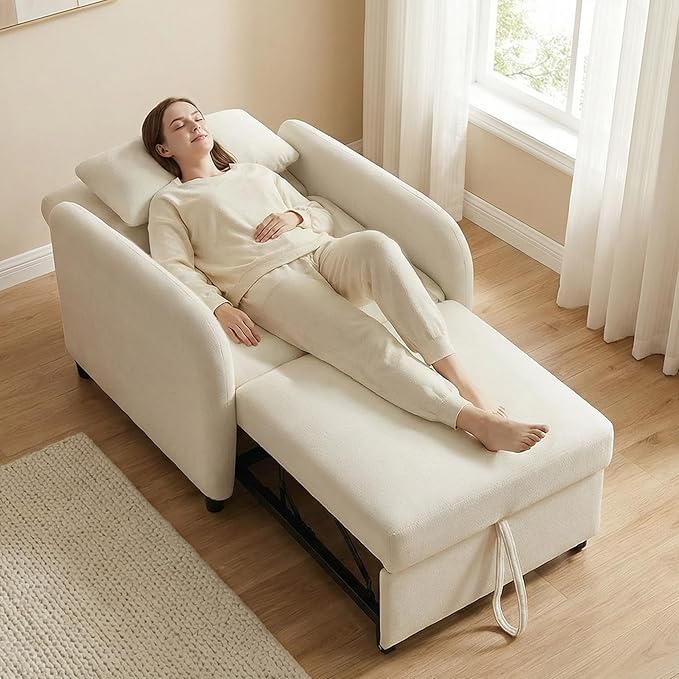 CHITA Sleeper Chair 3-in-1 Pull Out Convertible Single Sofa Bed with Adjustable Backrest Chenille Chaise Lounge Chair for Living Room Bedroom &amp Apartment Cream