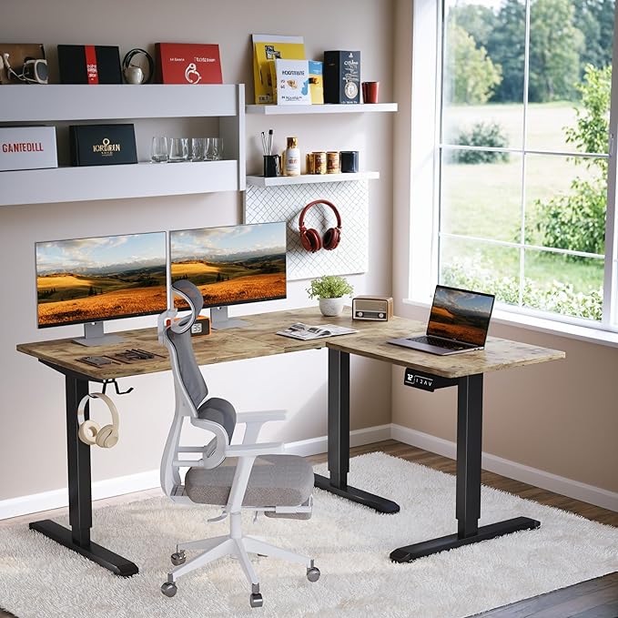 Shahoo L-Shaped Electric Standing Desk 63 x 48 Inches Height Adjustable Coner Table Home Office Computer Workstation Rustic Brown 63 x 48 Inch