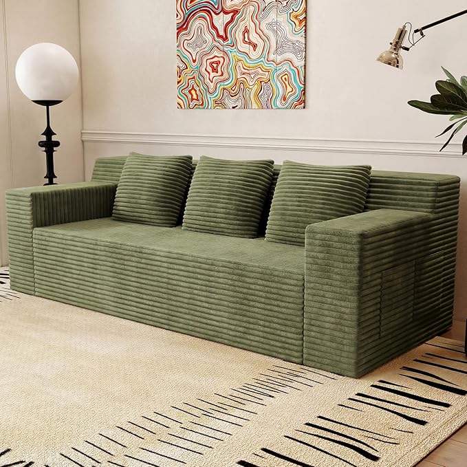 71Cloud Loveseat SofaModern 2-Seater Boneless Couch with 3 Pillows &amp Side PocketSoft Corduroy Love seatCompressed FoamDeep SeatNo Assembly for Living RoomBedroomApartment(Flat HandrailGre