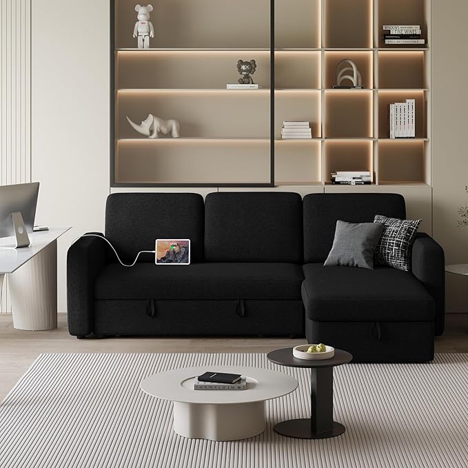 Yaheetech Sectional Sofa L-Shaped Sofa Couch Bed w/Chaise &amp USB Reversible Couch Sleeper w/Pull Out Bed &amp Storage Space Living Room Black