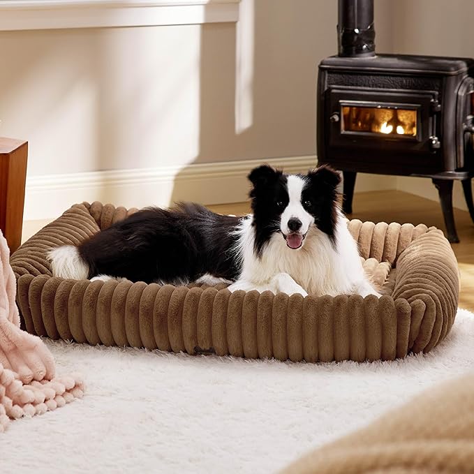 Bedsure ComfyFleece™ Cute Dog Bed for Extra Large Dogs - Washable Furry Puppy Beds Rectangle Orthopedic XL Pet Beds with Removable Zipper Cover 43x30x8inches Camel Brown