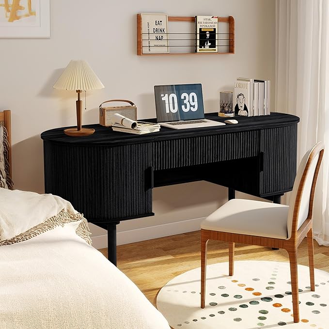 ORRD Home Office Oval Desk with Sliding Tambour Door and Drawer Modern Fluted Wood Executive Computer Storage Desk for Study Living Room Bedroom Office - Black